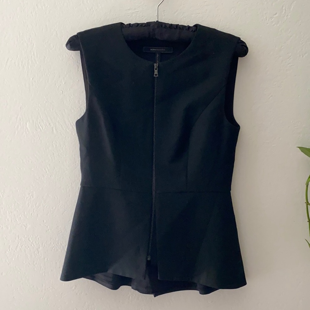 BCBG Maxazria Zip-Up Black Peplum Blouse XS